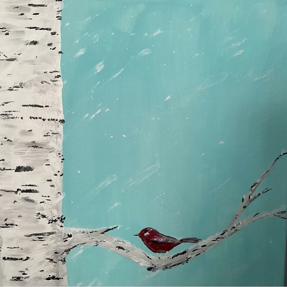Birch Tree Red Bird original art work/acrylic painting/20x12/wall hanging